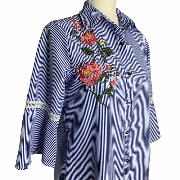 Embroidered Tunic Shirt Dress S Blue Striped Floral Button Down Bell Sleeves - Picture 2 of 8